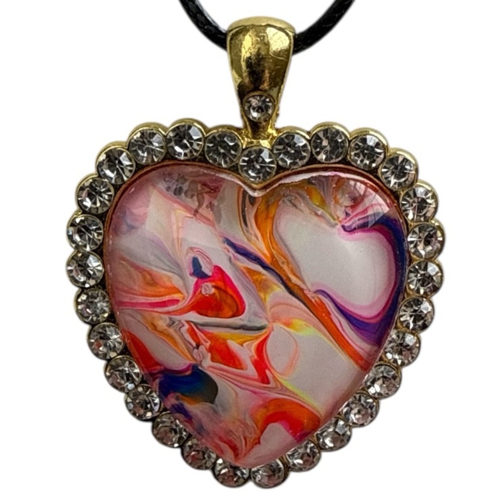 Handmade Heart Pendant Necklace Pink Orange Purple Fluid Art by Svetlana Yeung